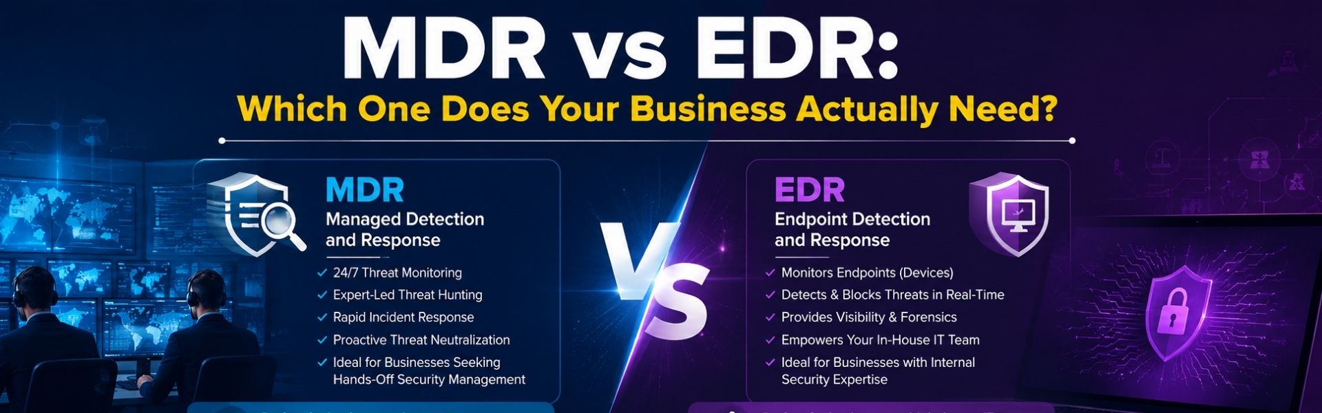 Side-by-side comparison of MDR and EDR cybersecurity solutions