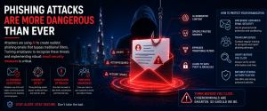 Cybersecurity infographic showing AI-generated phishing attacks, email security threats, employee awareness training, and cyber defense measures.