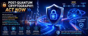 Post-quantum cryptography infographic featuring NIST-approved algorithms, quantum-safe encryption, and future cybersecurity planning.