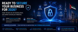 Cybersecurity readiness assessment infographic featuring AI security, NESA compliance, continuous monitoring, and UAE business protection