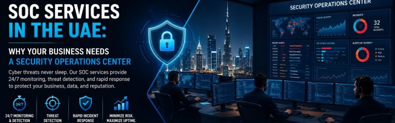 SOC services in UAE providing 24/7 cybersecurity monitoring, threat detection, incident response, and business protection.