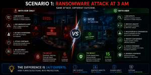 Ransomware attack comparison showing EDR-only detection versus MDR analyst response and threat containment