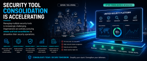 Cybersecurity dashboard showing security tool consolidation, unified security platform, operational efficiency, and threat management.