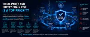 Third-party vendor risk management infographic showing AI supply chain security, vendor compliance monitoring, and cyber risk mitigation.