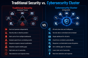 Side-by-side comparison of traditional security systems versus integrated cybersecurity cluster architecture