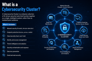 AI-powered cybersecurity cluster integrating network, endpoint, cloud, identity, and threat intelligence security