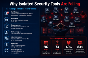 Security challenges caused by alert fatigue, blind spots, integration gaps, and slow incident response