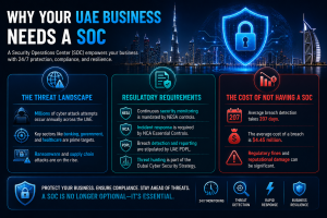 Cybersecurity infographic showing UAE threat landscape, compliance requirements, and cost of security breaches.
