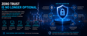 Zero Trust cybersecurity architecture infographic showing multi-factor authentication, continuous monitoring, identity verification, and secure access controls.