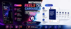Modern infographic illustrating the role of Reels and Carousels in a successful B2B social media strategy.