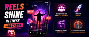 Infographic illustrating ideal use cases for Instagram Reels including awareness, product launches, storytelling, and employee branding.