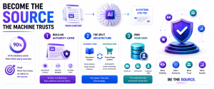 Infographic showing how authoritative content earns AI citations through educational content, structured architecture, and first-party data.