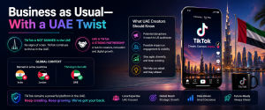 Dark-themed infographic explaining TikTok's continued presence in the UAE despite global restrictions.