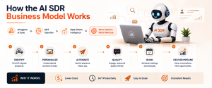Flowchart explaining the AI SDR workflow from prospect identification to automated meeting booking.