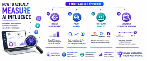 Infographic explaining a multi-layered framework for measuring AI influence using direct tracking, proxy signals, visibility monitoring, and extended attribution windows.