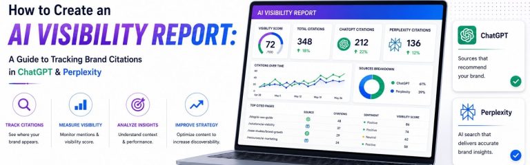 AI visibility report dashboard showing brand citation tracking across ChatGPT and Perplexity with visibility metrics and analytics.