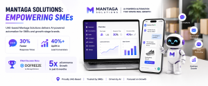 Business infographic showing Mantaga Solutions' AI automation platform improving response times, lead conversions, and e-commerce growth.