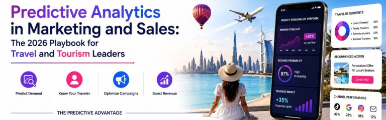 Marketing analytics infographic featuring predictive dashboards, traveler segmentation, and personalized travel recommendations.