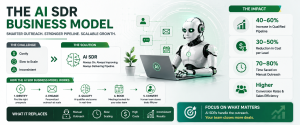 Green-themed infographic showing AI SDR replacing manual outreach with intelligent automation.