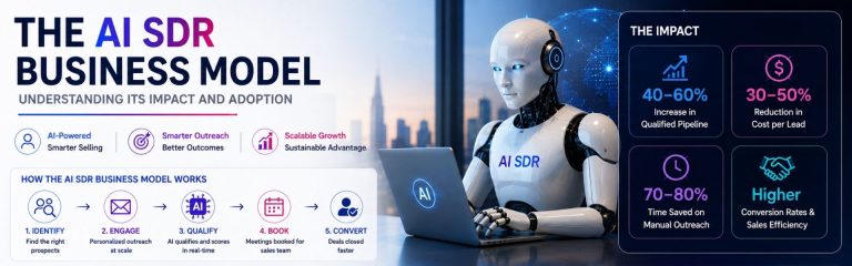 Corporate infographic showing the AI SDR business model, workflow, business impact, and AI-powered sales automation.