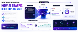 Infographic illustrating how AI conversations influence purchasing decisions before users search on Google, making AI-driven traffic appear as organic search in analytics.