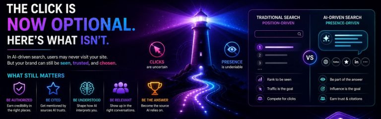 Dark-themed infographic comparing traditional SEO with AI-driven search where visibility and authority replace rankings.
