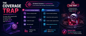 Infographic comparing outdated SEO content strategies with modern AI-first content strategies focused on authority and depth.