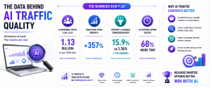 Infographic comparing AI referral traffic with traditional search traffic, highlighting higher conversion rates, stronger engagement, and increased visitor quality.