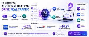 Infographic showing how AI recommendations across ChatGPT, Google AI, and Perplexity increase direct website visits, branded searches, and business growth.