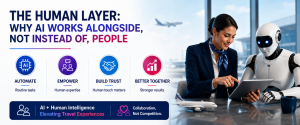 Travel professional collaborating with an AI assistant using a tablet inside an airport office.