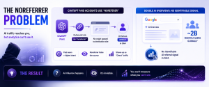 Diagram explaining how ChatGPT paid accounts and Google AI Overviews hide referral information, making AI traffic difficult to identify in GA4.