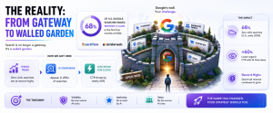 Infographic illustrating how Google search evolved from an open gateway into an AI-driven ecosystem with increasing zero-click searches.