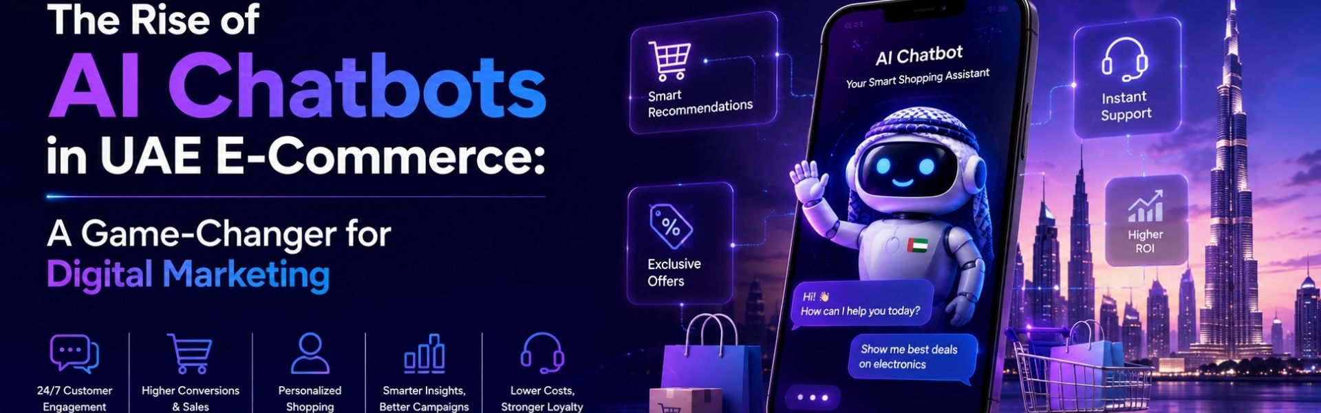 Creative illustration showing AI-powered shopping assistants driving the future of digital commerce in the UAE.