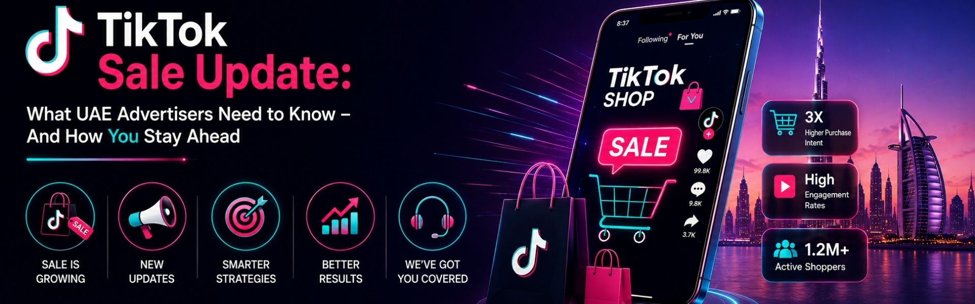 TikTok Sale Update infographic highlighting key insights for UAE advertisers with TikTok Shop, Dubai skyline, and digital commerce visuals.