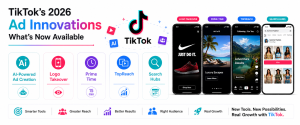 Infographic showcasing TikTok's newest advertising products including AI-powered ad creation, Logo Takeover, Prime Time, TopReach, and Search Hubs.