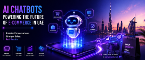 Futuristic hero banner showing an AI chatbot transforming online shopping and digital commerce in the UAE.