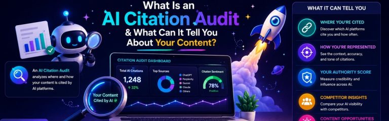 Creative infographic showing an AI Citation Audit dashboard, AI assistant, analytics charts, and citation insights for measuring AI content visibility.