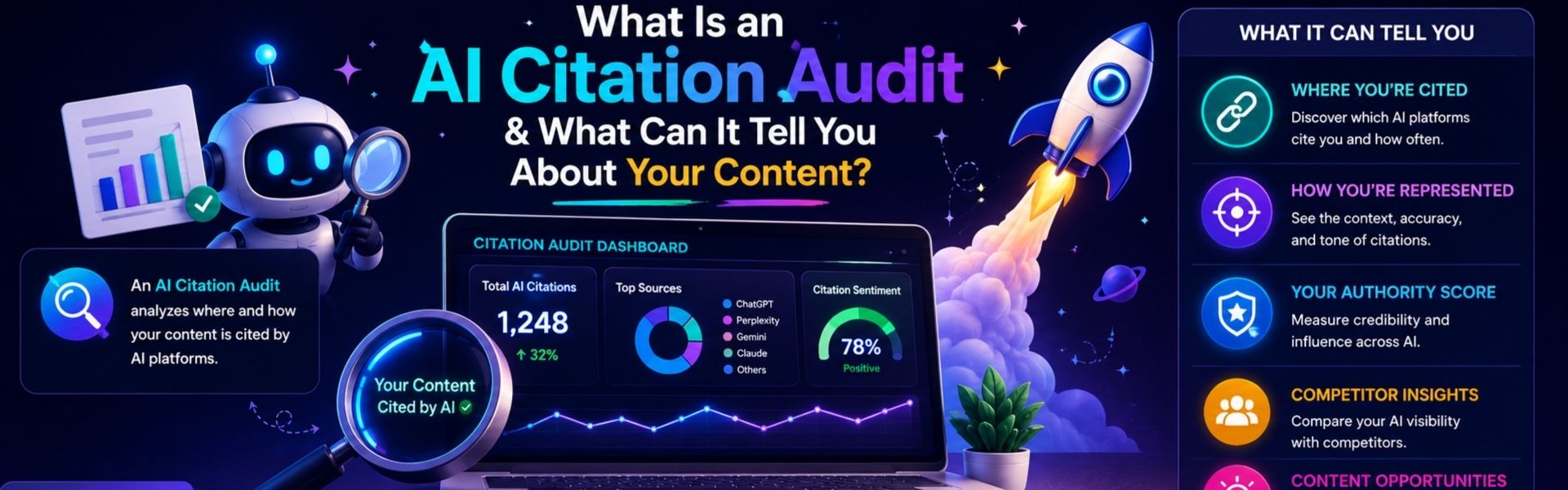 Creative infographic showing an AI Citation Audit dashboard, AI assistant, analytics charts, and citation insights for measuring AI content visibility.