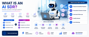 AI SDR comparison infographic showing traditional SDR versus AI-powered sales development.