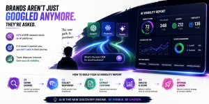 Illustration showing the AI customer journey from ChatGPT, Gemini, and Perplexity to an AI visibility report dashboard.