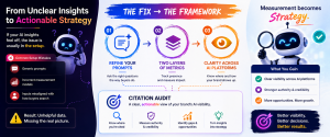 Infographic illustrating how an AI Citation Audit transforms unclear AI insights into actionable strategy through prompt refinement, metrics, and AI visibility analysis.