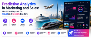 Travel marketing dashboard displaying predictive analytics, customer insights, demand forecasting, and campaign optimization.