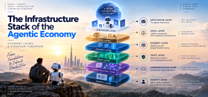 Agentic economy infrastructure stack showing identity, communication, trust, payment, legal and application layers