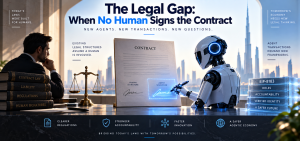 AI agent signing a digital contract beside a human legal professional, illustrating legal challenges around autonomous transactions.