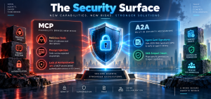 MCP and A2A security comparison showing malicious tools, prompt injection, authentication, agent verification and permission controls.