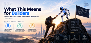 Human and AI robot working together with focus areas including proprietary data, trust relationships and legal structures.