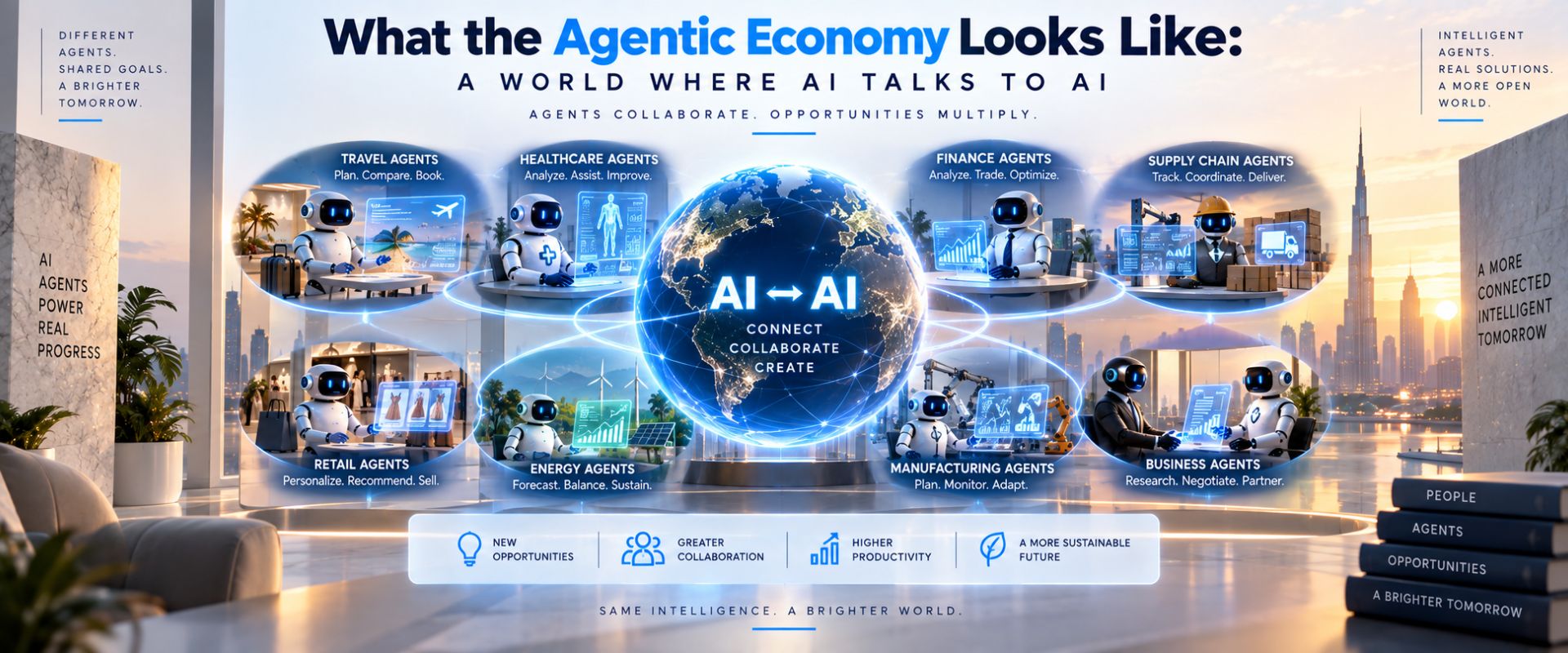 AI agents collaborating across travel, healthcare, finance, supply chain, retail, energy, manufacturing and business sectors.