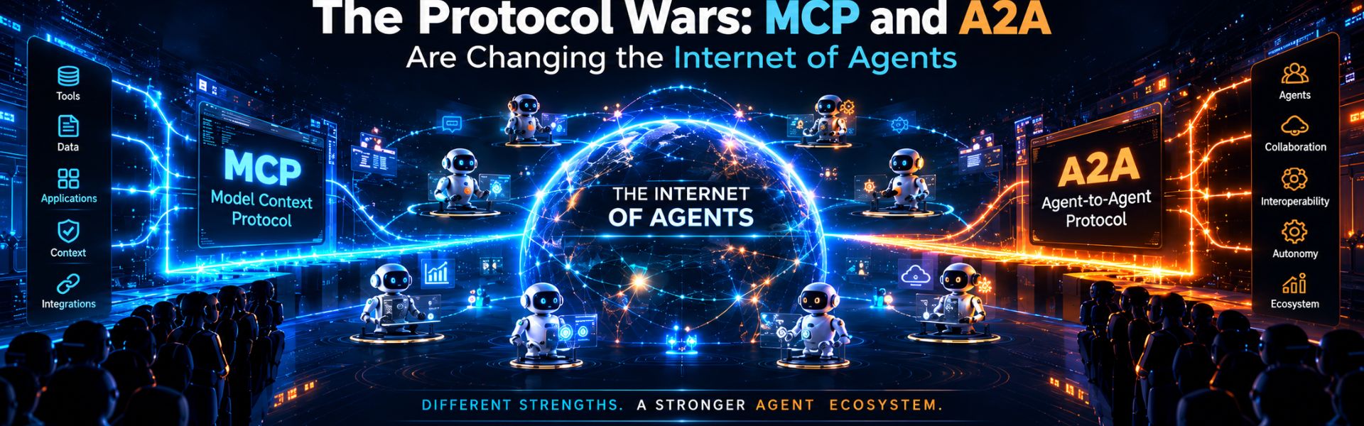 MCP Model Context Protocol and A2A Agent-to-Agent Protocol connecting AI agents across the Internet of Agents